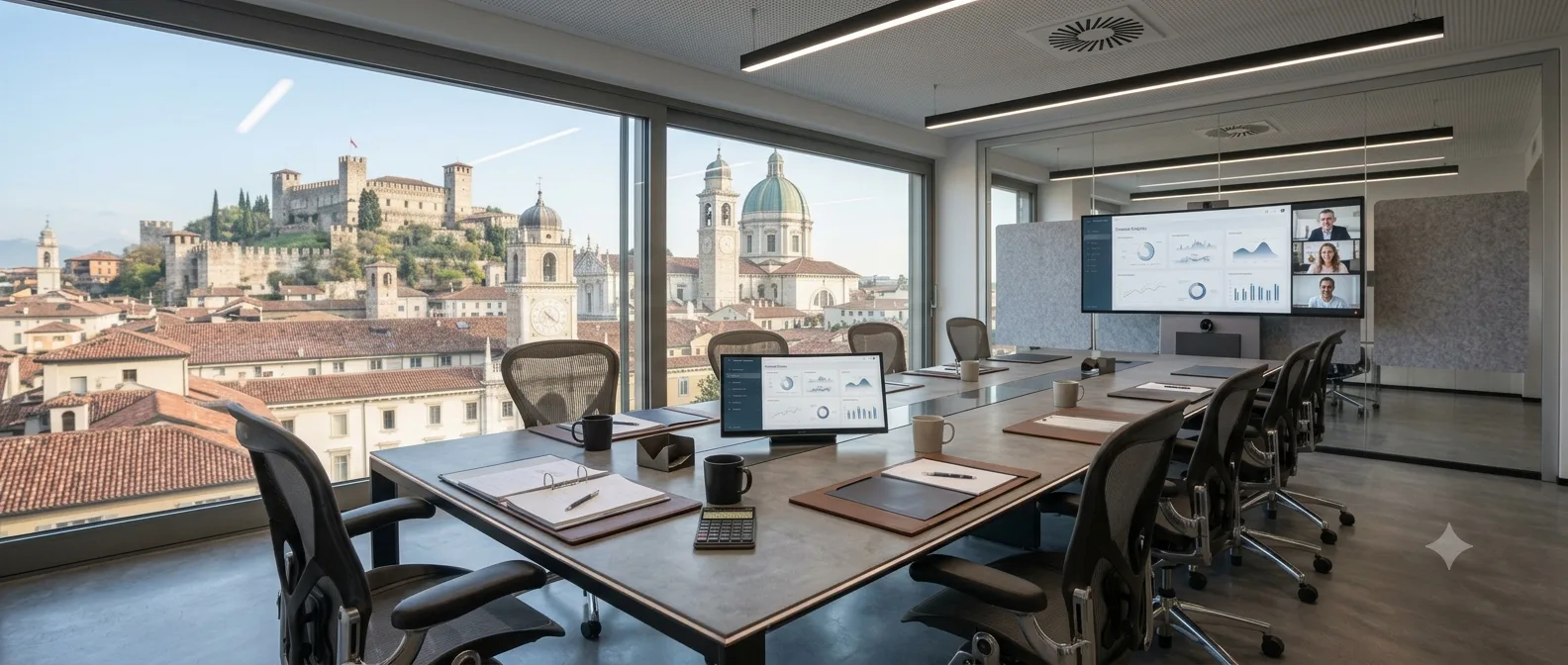 Sala riunioni dello studio con vista sul Castello e sul Duomo di Brescia