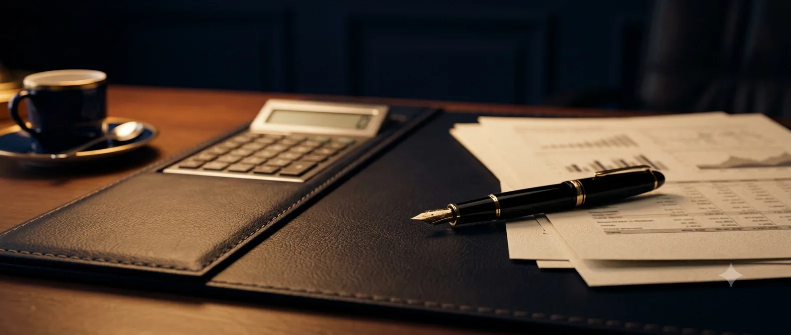 Scrivania dello studio con penna stilografica, calcolatrice e documenti finanziari